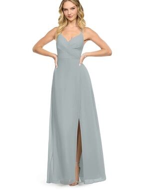 Azazie Dolphin Gray Spaghetti Strap V-Neck Maxi Dress SZ. 12